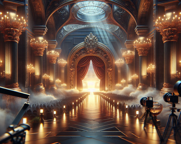 Opulent hall with ornate architecture and chandeliers