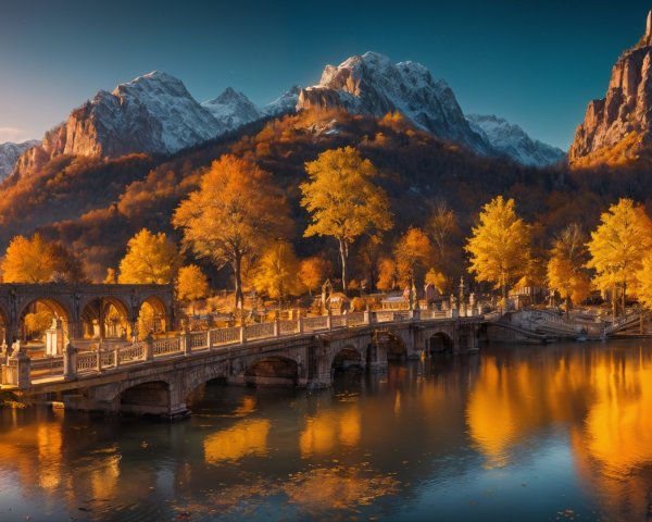 Autumn Landscape with Bridge and Snowy Mountains