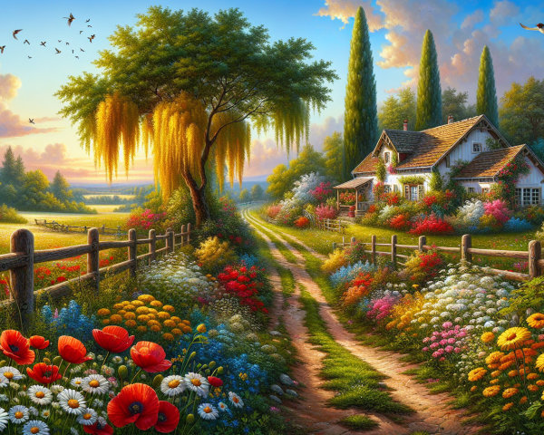 Charming Cottage Amid Vibrant Flower Gardens
