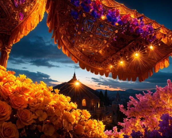 Twilight Scene with Vibrant Flowers and Illuminated Canopies