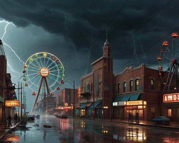 Dark Street Scene with Ferris Wheels and Lightning