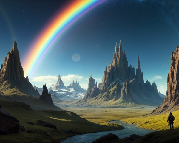 Majestic Mountains and Rainbow Over Serene Landscape