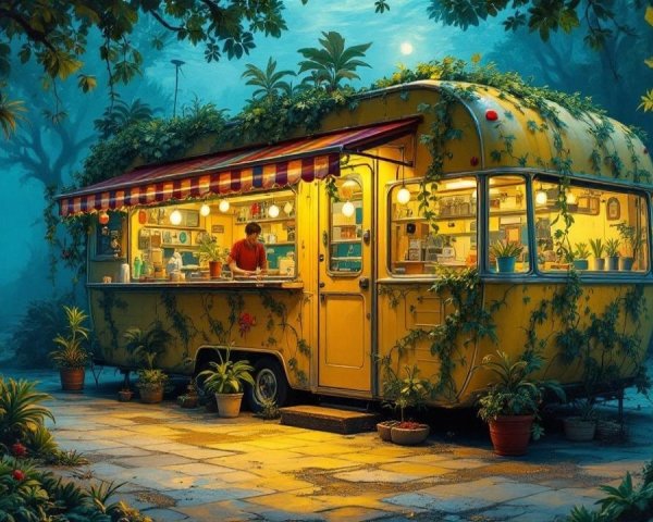Old Yellow Food Truck Surrounded by Lush Vegetation