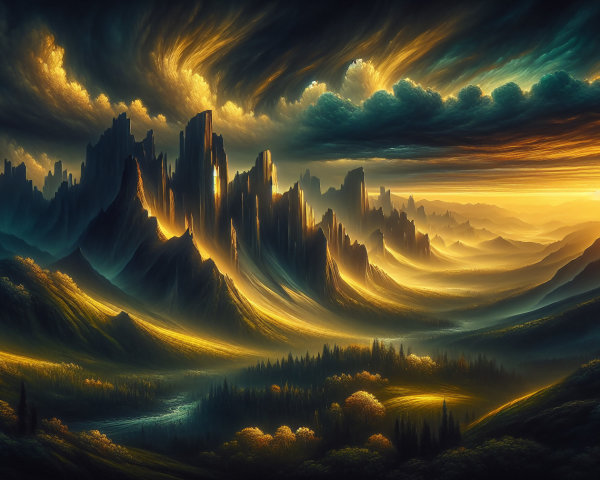 Dramatic Landscape of Mountains and Vibrant Sunset