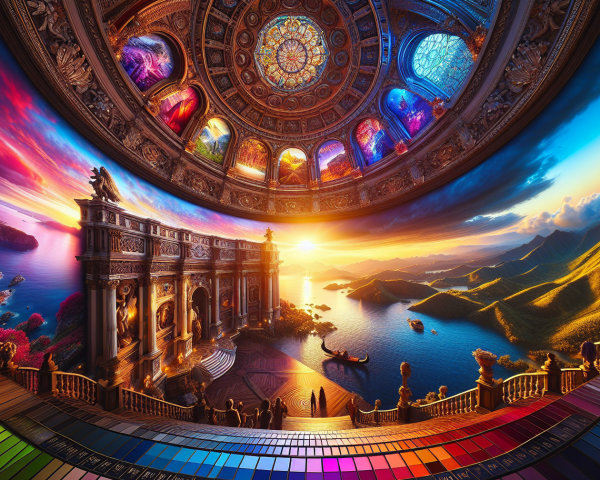 Surreal Grand Interior with Colorful Landscape Reflections