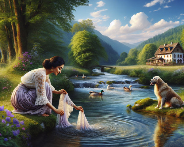 Tranquil Landscape with Woman by Sparkling Stream