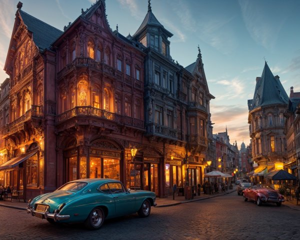 Charming Sunset Street with Vintage Buildings and Cars