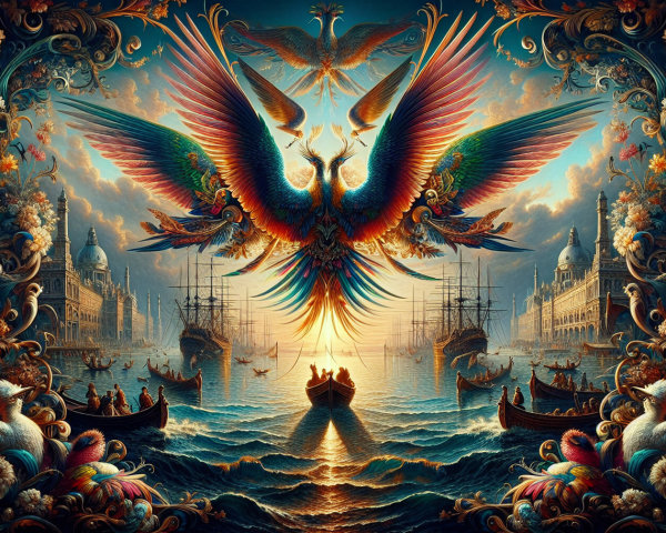 Oil Painting of a Mythical City with Fantasy Sky