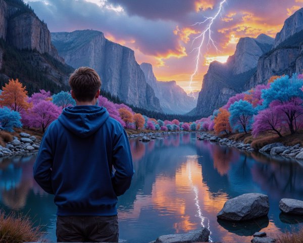 Person gazing at a vibrant landscape with lightning