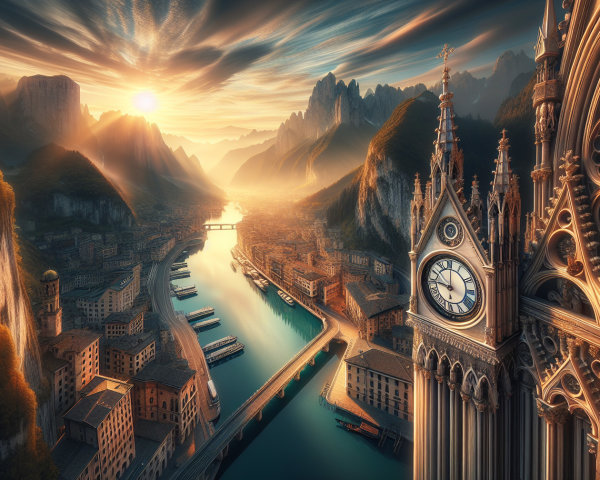 Mountainous European City at Sunrise with Clock Tower