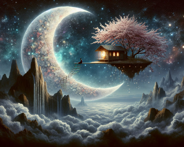 Dreamlike Landscape with Crescent Moon and Cherry Blossoms