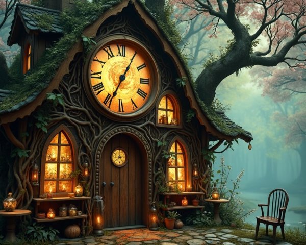 Whimsical Cottage with Clock Face in Serene Woodland