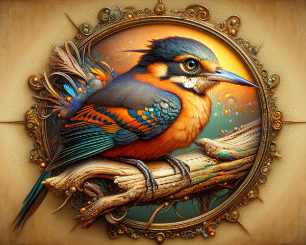Detailed Kingfisher on Branch with Ornate Frame