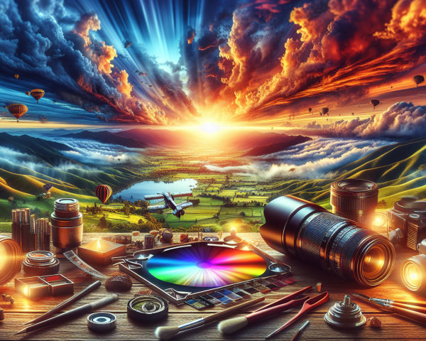 Vibrant Sunset Over Scenic Landscape with Photography Gear