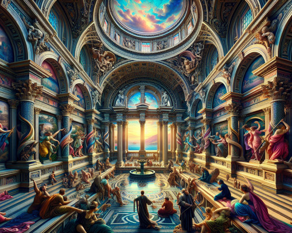 Opulent hall with towering columns and frescoes