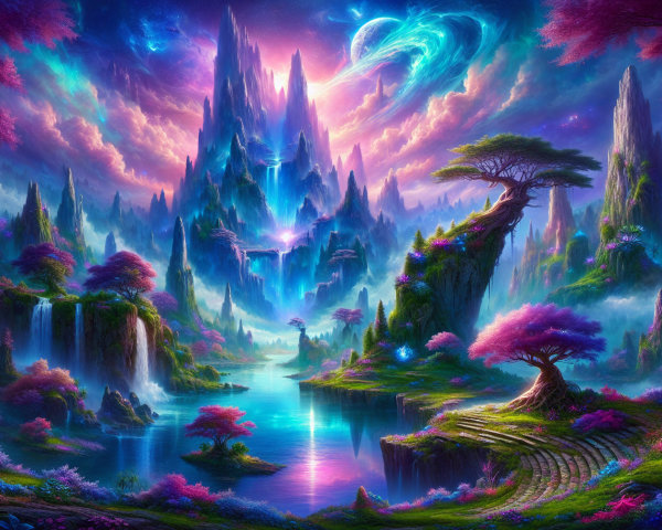 Iridescent Mountains and Serene Lake in Fantasy Landscape