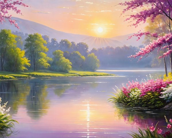Serene Sunrise Landscape with River and Blooming Flowers