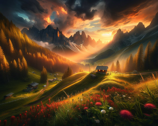 Sunset Landscape with Mountains and Wildflowers