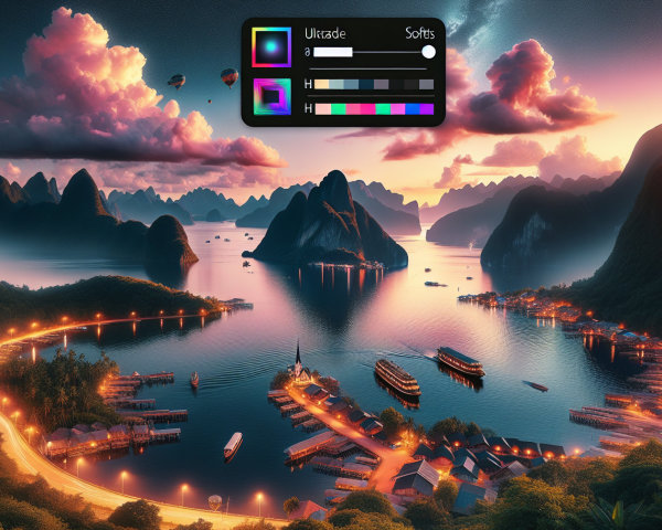 Serene Bay Landscape with Limestone Mountains at Sunset