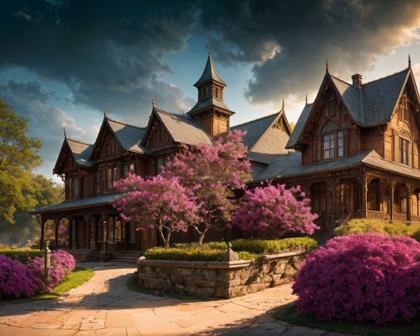 Victorian Mansion Surrounded by Pink Azaleas and Greenery