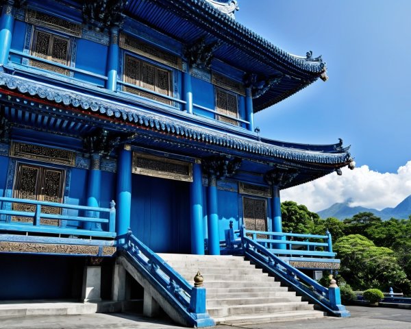 Blue Temple with Intricate Architecture and Scenic Landscape