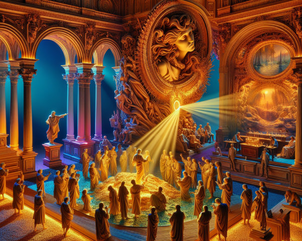 Ornate Grand Hall with Statues and Ritual Gathering