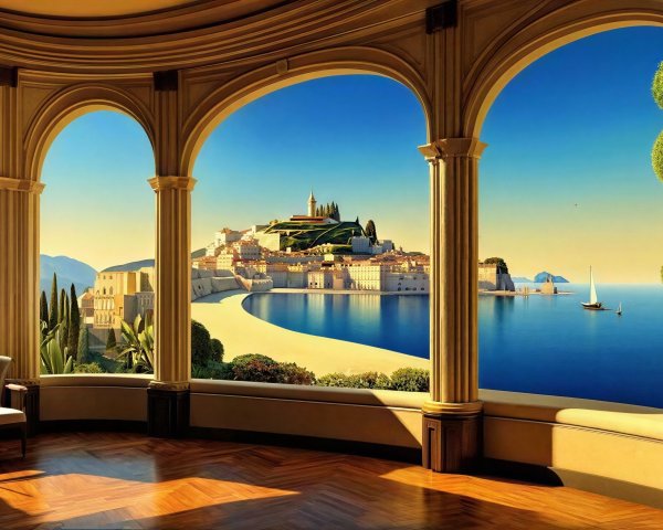 Elegant Hall with Arches Overlooking Mediterranean Sea