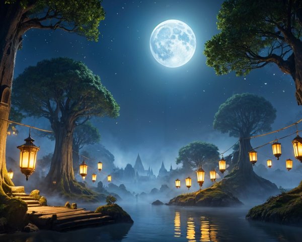 Moonlit Landscape with Trees and Lanterns Reflections