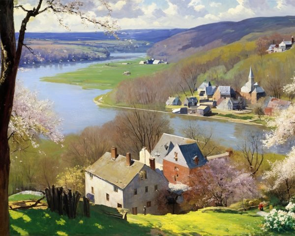 Serene River Landscape with Cottages and Blooming Trees