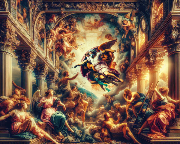 Ethereal Scene of Celestial Beings in Architecture