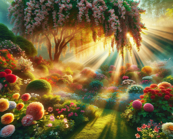 Lush Garden with Colorful Flowers and Ethereal Light