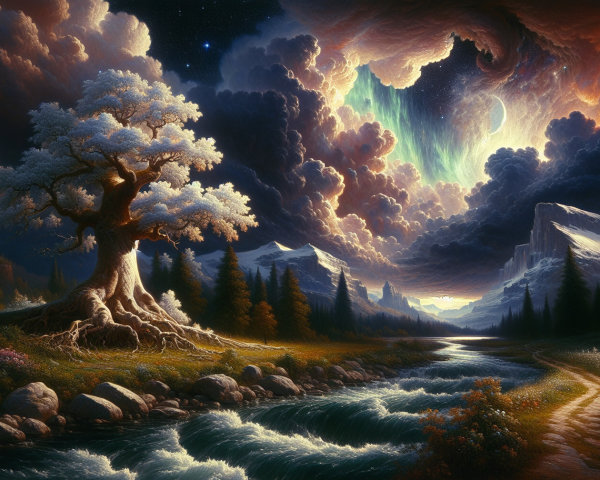 Majestic landscape with gnarled tree and aurora sky