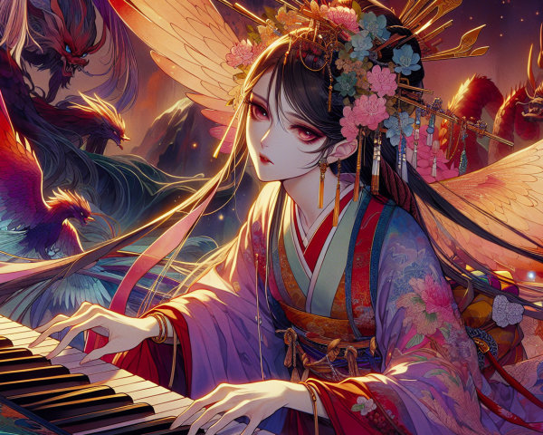 Mystical Scene of a Female Pianist with Mythical Creatures