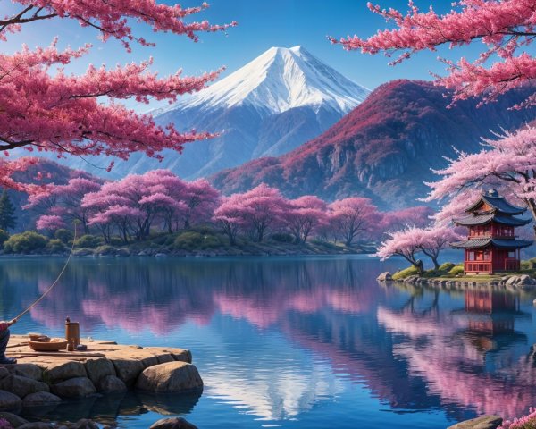 Tranquil Lake with Cherry Blossoms and Mountains