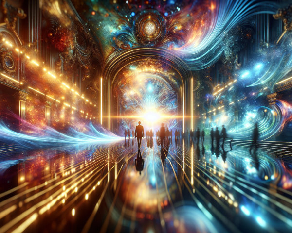 Cosmic Colorful Hall with Ethereal Lights and People