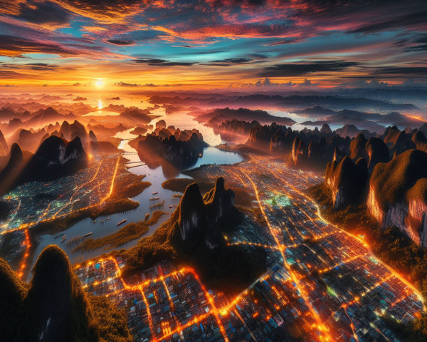 Aerial Sunset View of Vibrant Landscape and River