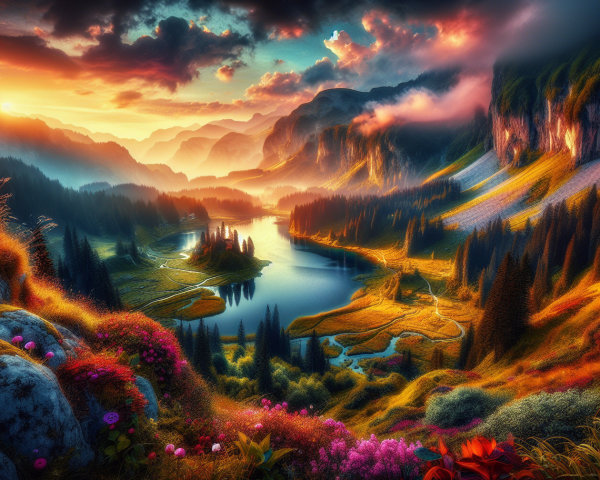 Vibrant Landscape with Sunset Over Hills and Lake