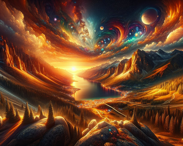 Vibrant Sunset Over Serene Lake and Mountainscape