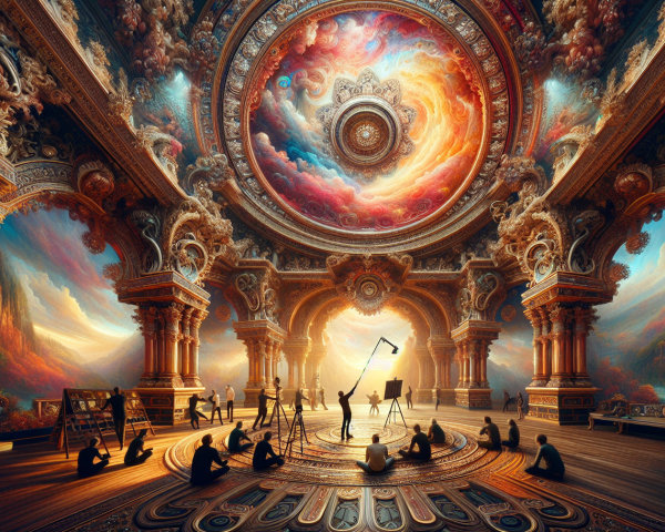 Ornate hall with celestial mural and attentive audience