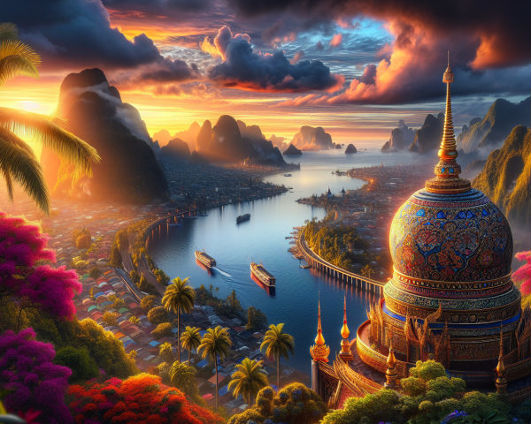 Sunset Landscape with Hills, River, and Temple