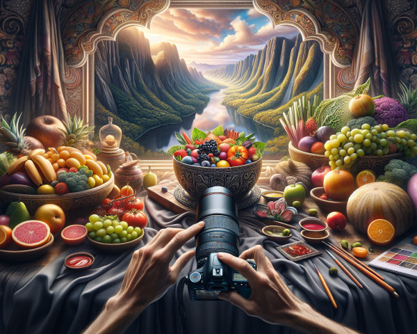 Still Life with Colorful Fruits and Landscape Painting