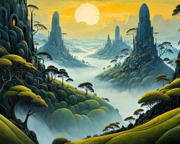 Surreal Landscape with Hills and Otherworldly Rocks