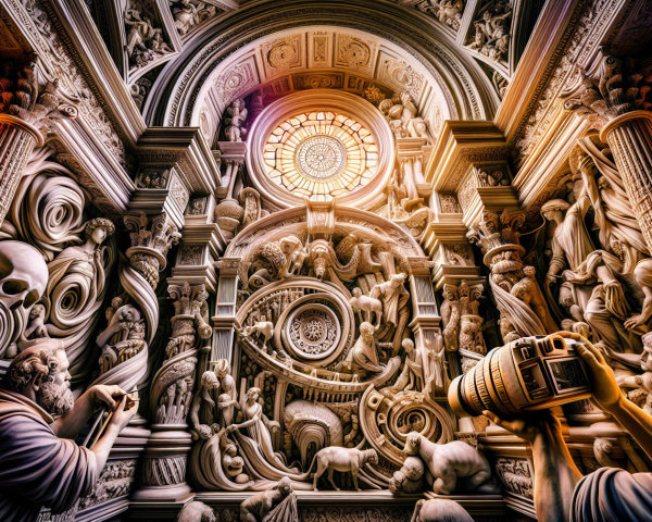 Grand Architectural Space with Sculptures and Light