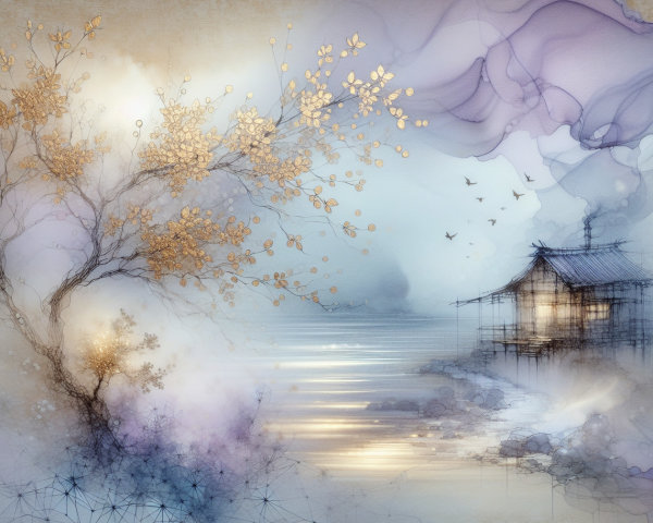 Tranquil Water Scene with Dreamy Sky and Golden Leaves