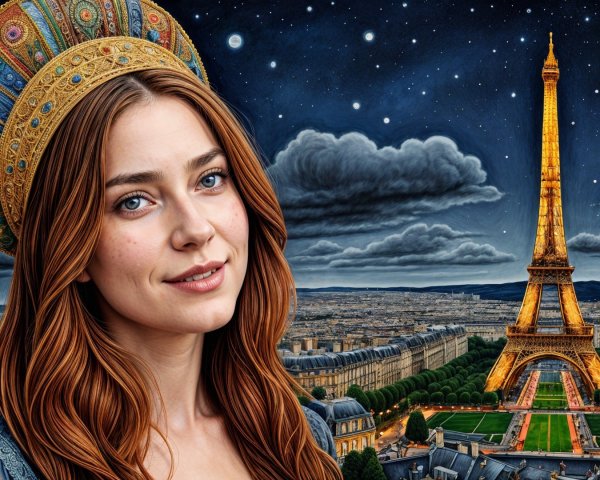 Young woman with ornate headdress in Paris night view
