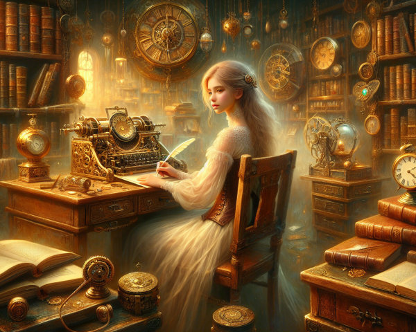 Young Woman Writing in Antique Library Setting