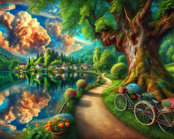 Tranquil Landscape with Path, Lake, and Cottages