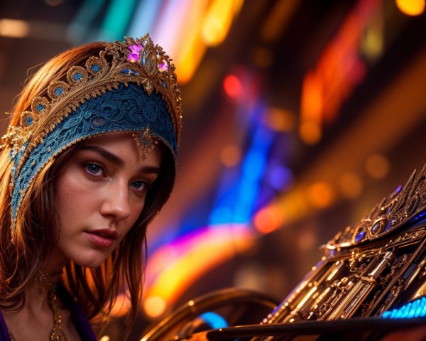 Young woman in traditional attire with ornate headpiece