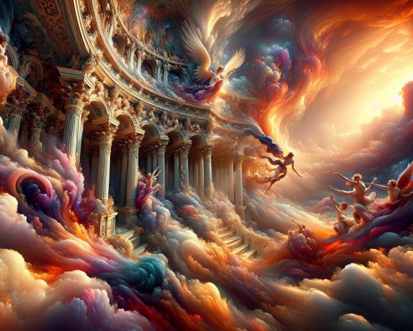Swirling Clouds and Classical Columns in Vibrant Hues