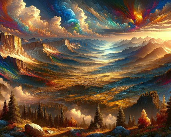 Vibrant Landscape with Swirling Clouds and Mountains